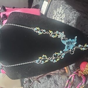 NWT Silver and Blue Crystal Butterfly Adjustable Necklace